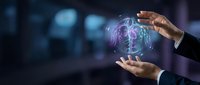 Businessman hands holding glowing digital brain hologram with neural network connections, representing artificial intelligence, machine learning, and innovative technology solutions.
