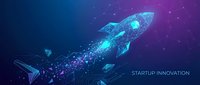 Glowing low poly rocket launching on dark blue purple background with connected dots and text Startup Innovation, symbolizing tech growth.