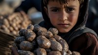 Young Middle Eastern boy holding fresh potatoes at outdoor market. Child vendor with traditional clothing selling organic vegetables for healthy cooking.