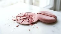 Pink makeup powder compact broken with scattered fragments and whole compact on white marble surface for beauty and cosmetics concepts.