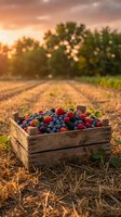 Fresh mixed berries in rustic wooden crate on farmland during golden hour sunset. Organic strawberries, blueberries and blackberries harvest concept.