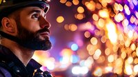 Profile of bearded Middle Eastern police officer at night against colorful bokeh lights background, representing security and law enforcement service.