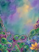 Watercolor gradient background with purple, teal, yellow and green hues, featuring ornamental floral borders with infinity symbols and decorative botanical elements for design projects.