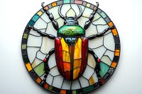 Stained glass beetle artwork in vibrant red, yellow and green colors with metallic frame on white background, mosaic style decorative insect design for home decor.