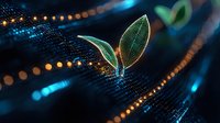 Digital green sprout emerging from binary code matrix with glowing blue and orange light effects, symbolizing sustainable technology and digital transformation.