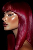 Asian woman with vibrant red hair and glowing skin in profile view against dark background, showcasing professional makeup and hair styling for beauty industry use.
