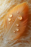 Golden orange feather with crystal clear water droplets on soft white fur background creating natural texture and organic pattern for wellness designs.