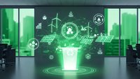 Modern office interior with holographic green energy sustainability display showing renewable power sources solar panels wind turbines recycling icons.