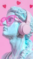 Classical marble bust wearing modern pink headphones and sunglasses on pink background with floating hearts, illuminated by blue neon light. Contemporary pop art style.