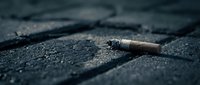 Cigarette butt discarded on dark wet cobblestone pavement, symbolizing pollution, bad habits, and urban environmental issues.