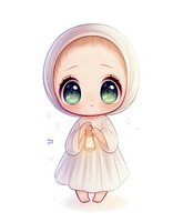 Cute anime chibi character in white hooded robe holding glowing lantern with large sparkling eyes on transparent background for kawaii designs.