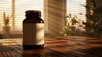 Amber glass medicine bottle with blank label on wooden surface in warm sunlight streaming through window blinds creating shadow patterns for pharmacy design.