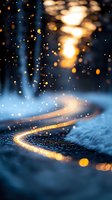 Magical winter evening with glowing curved path through snowy landscape, illuminated by warm bokeh lights creating dreamy atmosphere in blue twilight.