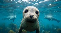 Curious sea lion pup swimming underwater with whiskers and big eyes looking directly at camera in crystal clear blue ocean water.
