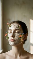 Young woman with artistic floral face painting featuring delicate vines and small flowers in peaceful meditation pose for beauty and wellness concepts.