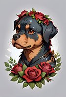 Rottweiler dog portrait decorated with red roses and green leaves wreath on gray background. Artistic pet illustration with floral elements and collar.