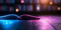 Open book on wooden surface illuminated by vibrant neon pink and blue lights creating magical atmosphere with blurred bokeh background for education and reading concepts.