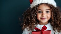 Young girl with curly hair wearing white winter hat and sweater holds red wrapped Christmas present, smiling warmly against dark background. Holiday portrait captures joy and anticipation.