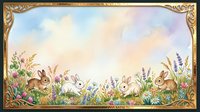 Rabbits and hares among wildflowers and lavender in a meadow landscape with ornate golden frame border, suitable for spring and Easter designs.