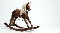 Vintage wooden rocking horse with carved details, leather saddle, and white mane, isolated on white background for design use.