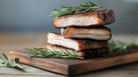 Grilled pork belly slices stacked on wooden cutting board with fresh rosemary sprigs, showing crispy outer crust and tender meat layers in natural lighting.