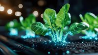 Young green plant seedling growing from soil with glowing blue light effect and bokeh background, representing growth, innovation and future technology.