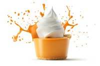 Creamy soft serve ice cream swirl in orange dessert cup with dynamic orange liquid splashes and drops on white background, isolated food photography.