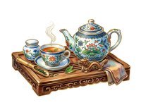Ornate wooden tray with traditional Asian porcelain tea set featuring hand-painted floral designs, steaming cup, teapot, and jar. Perfect for tea service, hospitality, and home decor designs.