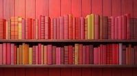 Wooden bookshelf filled with colorful hardcover books in shades of red, orange and yellow arranged neatly on multiple levels creating harmonious gradient effect.