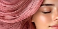 Young Asian woman with rose pink hair and natural makeup in closeup profile view showing smooth skin and closed eyes, expressing serenity and beauty.