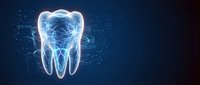 Glowing digital tooth with neural network connections on dark blue background for dental technology and healthcare innovation concepts.