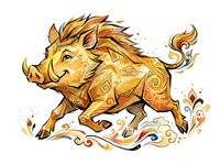 Ornate golden wild boar with decorative patterns and flowing flourishes, isolated on white background. Suitable for t-shirt designs, clipart, and graphic applications.
