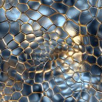 Abstract metallic cellular pattern with golden edges and blue-gray gradient cells creating depth and dimension. Seamless geometric background for luxury design projects.