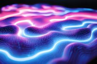 Abstract digital landscape with glowing neon pink and blue waves creating a futuristic wireframe terrain surface against dark background, suitable for technology concepts.