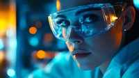 Young female scientist in protective eyewear examining samples in modern laboratory with dramatic blue lighting and bokeh effect in background. Professional research setting.
