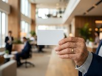Senior male professional holding blank white business card in modern office lobby with colleagues and natural light in background.