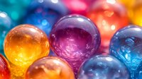Colorful glass marbles in vibrant orange, purple, and blue tones with light reflections and bokeh effects creating magical macro photography composition.