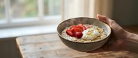 Person with dark skin tone holding bowl of oatmeal topped with fresh strawberries and honey for breakfast, healthy eating, and nutrition content.