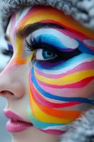 Young woman with vibrant rainbow face paint featuring colorful swirls and stripes for artistic makeup, festival, creative expression and body art concepts.
