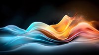 Abstract flowing waves in vibrant turquoise blue and orange colors with glowing light effects against dark background, creating dynamic motion and energy for modern design.