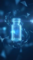 Digital holographic medicine bottle with glowing wireframe structure and geometric particles on blue technology background for pharmaceutical innovation.