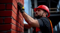 Caucasian male construction worker in red hard hat and safety vest examining brick wall at construction site, focused on quality inspection and masonry work.