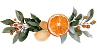 Watercolor orange slice with green leaves and berries arrangement, botanical citrus composition with foliage and kumquats on white background.