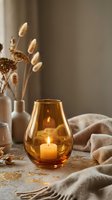 Amber glass candle holder with lit candle surrounded by dried pampas grass, white ceramic vase, and beige linen fabric on neutral surface for home decor styling.