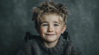 Adorable young blonde boy with messy hair wearing cozy gray sweater smiling warmly at camera against textured dark background for family portraits.