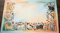 Watercolor cats and flowers border frame with empty center space for text, isolated on transparent background ready for design projects.