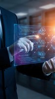 Businessman touching futuristic holographic interface with programming code and digital network connections in modern office environment.