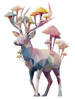 Geometric low poly deer with colorful mushrooms growing from antlers on white background. Fantasy wildlife art for modern design projects.