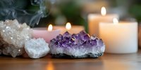 Amethyst and clear quartz crystals with burning candles create peaceful spa atmosphere for meditation, healing and wellness rituals on wooden surface.