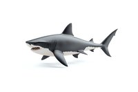 Great white shark model isolated on white background showing detailed anatomy with open mouth displaying rows of sharp teeth and realistic gray coloring.